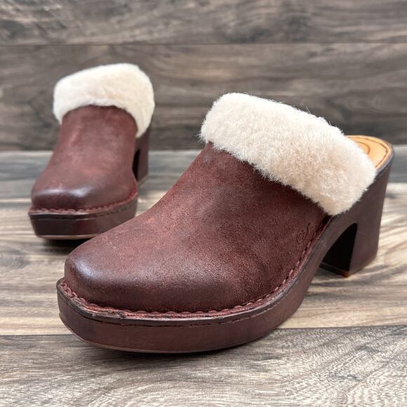 Born Hope 8M Shearling-Lined Open Back Heeled Distressed Leather Clogs Dark Red - Picture 4 of 12